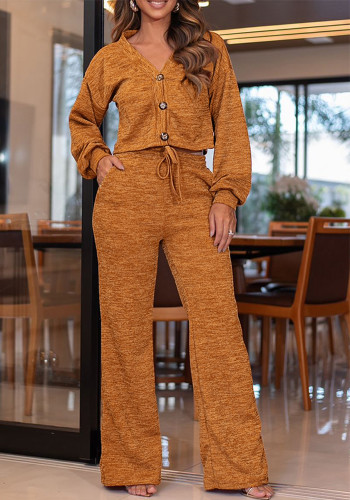 Women Autumn/Winter Long-Sleeved Top and Lace-Up Wide-Leg Trousers Two-Piece Set
