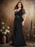 Plus Size Women Sequin Embroidered Patchwork V-Neck Short-Sleeve Elegant Evening Dress