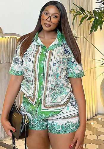 African Women Turndown Collar Printed Short-Sleeved Shirt and Casual Shorts Two-Piece Set