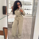 Plus-Size African Women Casual Turndown Collar Long-Sleeved Shirt and Casual Pants Two-Piece Set