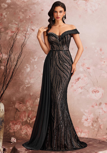Women Elegant Sequin Patchwork V-Neck Off-Shoulder Evening Dress