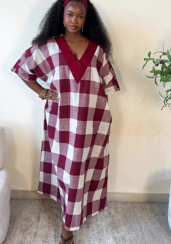 Plus Size African Women Plaid Short Sleeve Maxi Dress