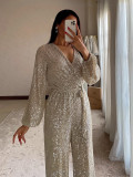 Women Solid V-Neck Long-Sleeved Sequin Jumpsuit