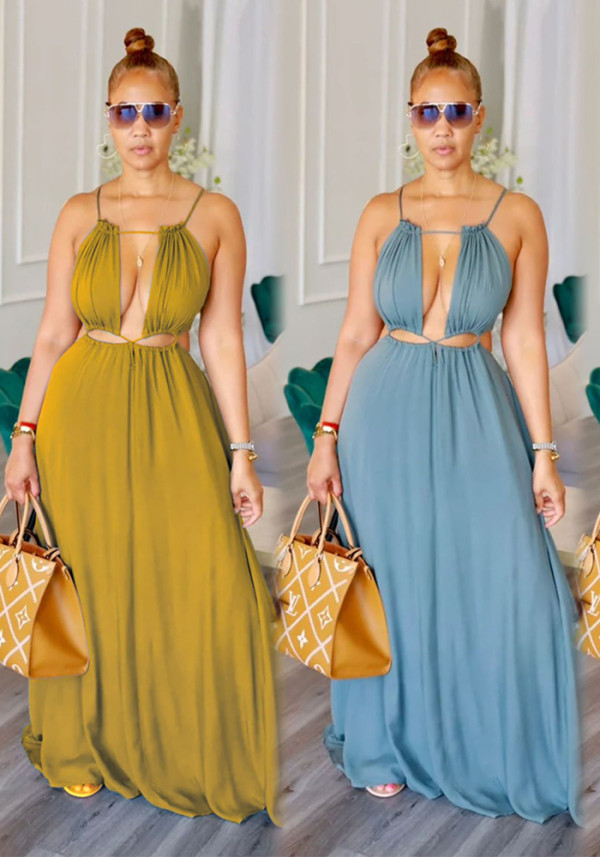 Women Sleeveless Hollow Backless Solid Maxi Dress