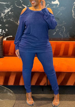 Plus-Size Women Off-Shoulder Long-Sleeved Casual Hoodies and Cuffed Trousers Two-Piece Set