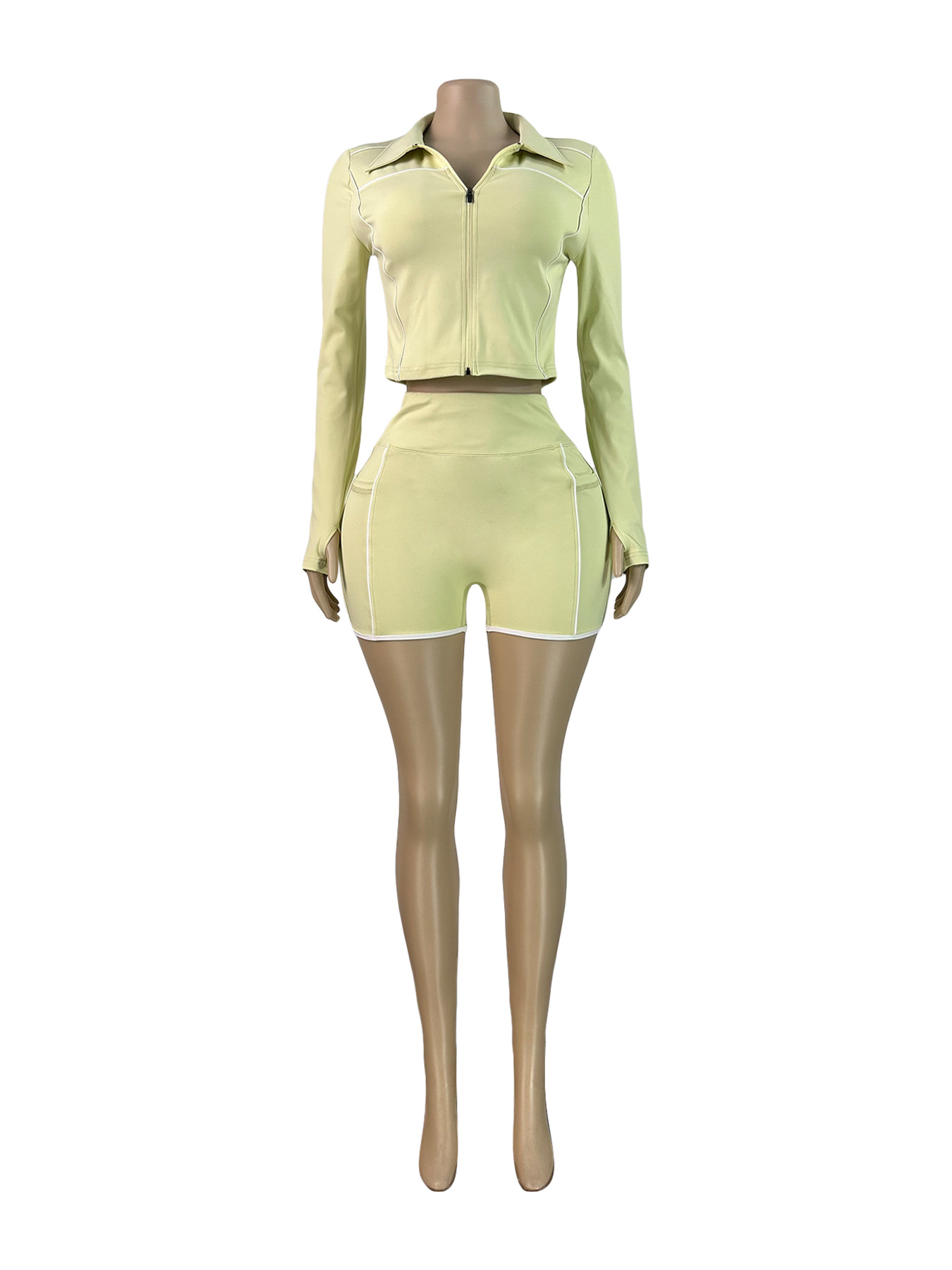 Women Zippered Long-Sleeved Thumb-Click Athletic Two-Piece Top and Shorts