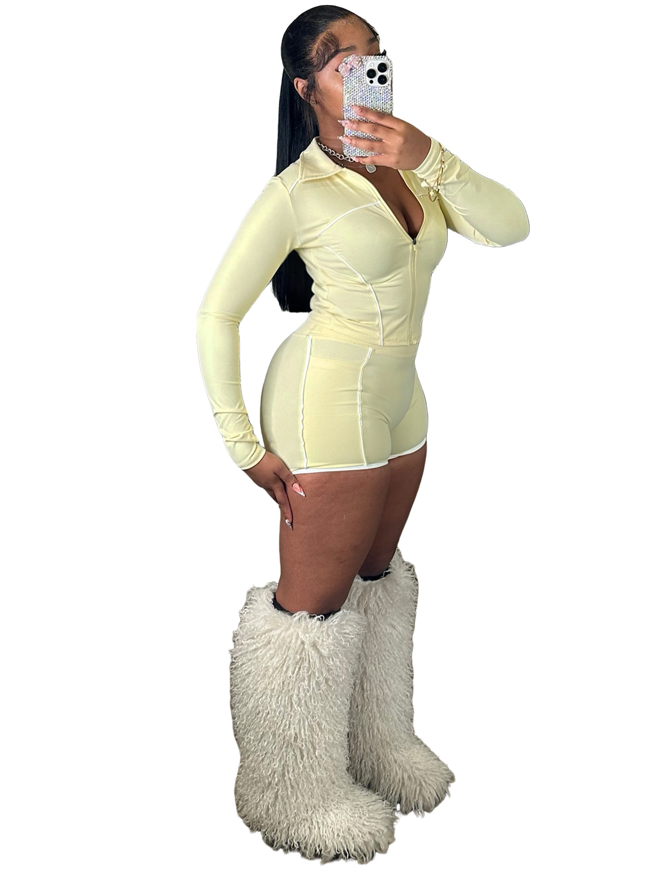 Women Zippered Long-Sleeved Thumb-Click Athletic Two-Piece Top and Shorts