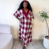 Plus Size African Women Plaid Short Sleeve Maxi Dress