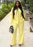 Women Casual Solid Pleated Bow Top and Solid Pant Two-Piece Set