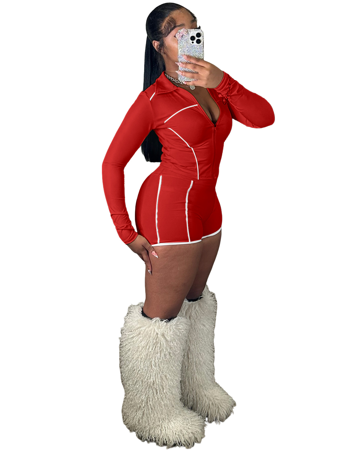 Women Zippered Long-Sleeved Thumb-Click Athletic Two-Piece Top and Shorts