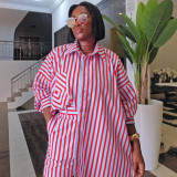 Plus Size African Women Striped Long Sleeve Backless Shirt and Shorts Two-Piece Set