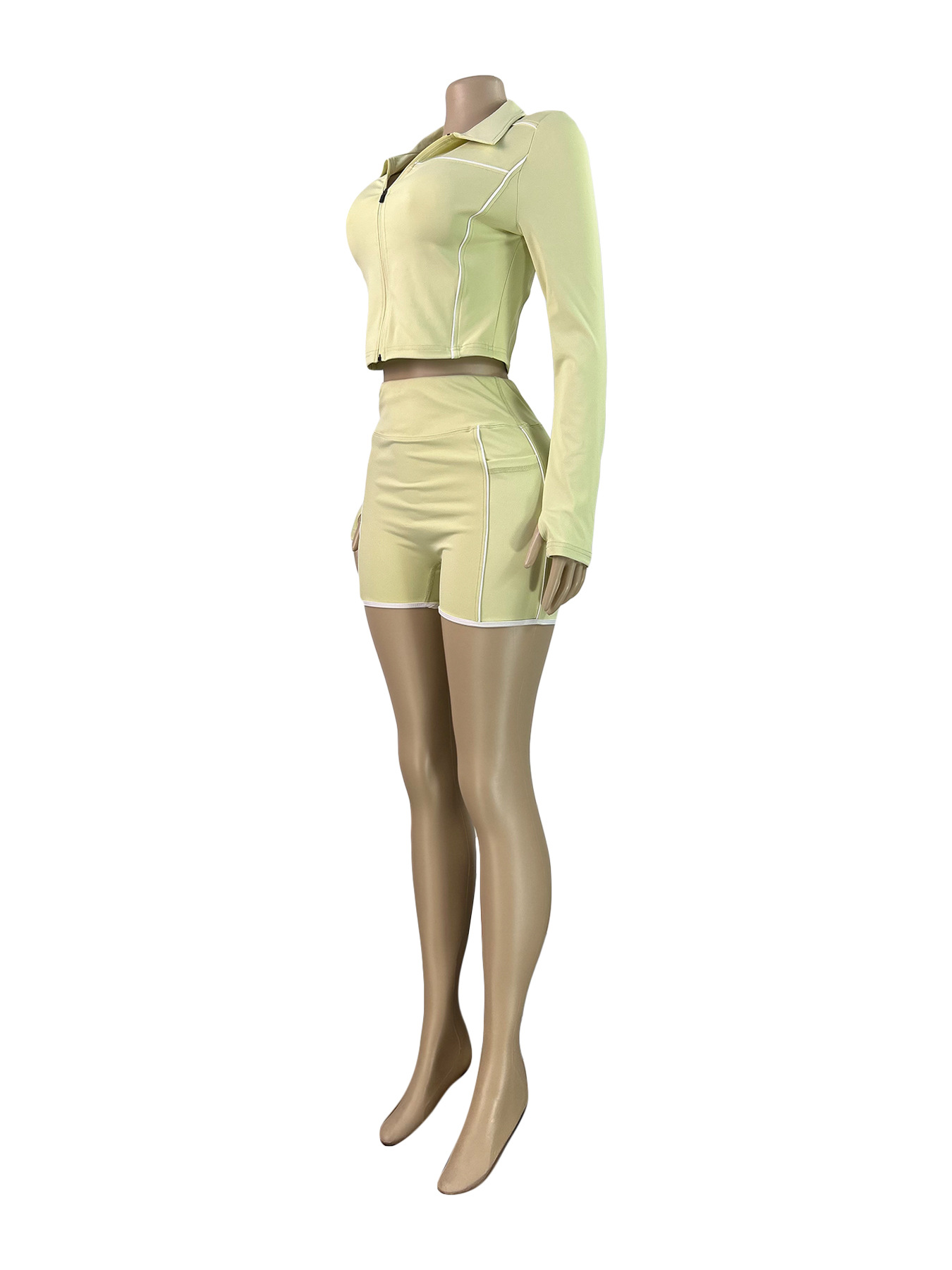 Women Zippered Long-Sleeved Thumb-Click Athletic Two-Piece Top and Shorts