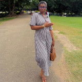 Plus Size African Women Short Sleeve Turndown Collar Striped Maxi Dress