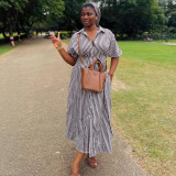 Plus Size African Women Short Sleeve Turndown Collar Striped Maxi Dress