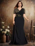 Plus Size Women Sequin Embroidered Patchwork V-Neck Short-Sleeve Elegant Evening Dress