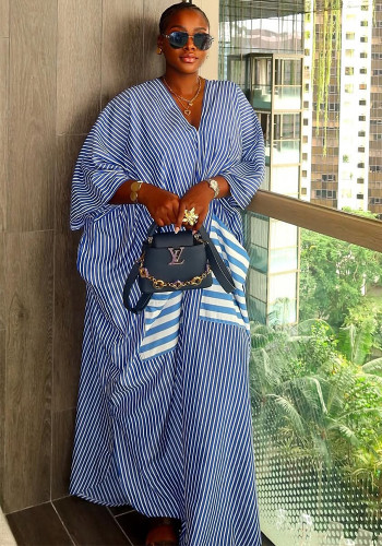 Plus Size Women V-Neck Pocket Striped Maxi Dress