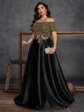 Plus Size Women Sequin Embroidered Contrast Color Off-Shoulder Short-Sleeve Elegant Evening Dress