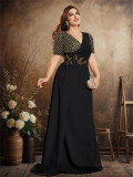 Plus Size Women Sequin Embroidered Patchwork V-Neck Short-Sleeve Elegant Evening Dress