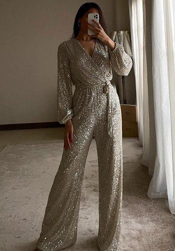 Women Solid V-Neck Long-Sleeved Sequin Jumpsuit