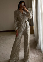 Women Solid V-Neck Long-Sleeved Sequin Jumpsuit Women Solid V-Neck Long-Sleeved Sequin Jumpsuit