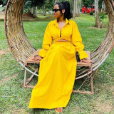 Women Sexy Two-Piece Solid Turndown Collar Bell Bottom Sleeve Shirt and Skirt Two-Piece Set