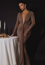 Women Sexy V-Neck Gathered Lace-Up Long-Sleeved Bodycon Maxi Dress