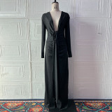 Women Sexy V-Neck Gathered Lace-Up Long-Sleeved Bodycon Maxi Dress