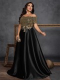 Plus Size Women Sequin Embroidered Contrast Color Off-Shoulder Short-Sleeve Elegant Evening Dress