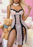 Women Sexy Lace Print Slit Backless Sling Nightdress Two-Piece Set