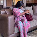 Plus Size African Women Turndown Collar Print Shirt and Wide-Leg Pants Two-Piece Set