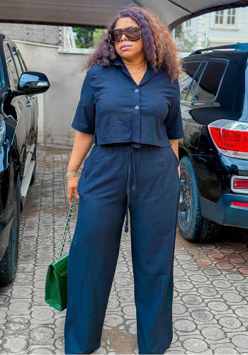 Plus Size African Women Short Sleeve Turndown Collar Shirt and Pants Casual Two-Piece Set