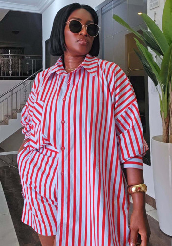 Plus Size African Women Striped Long Sleeve Backless Shirt and Shorts Two-Piece Set