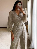 Women Solid V-Neck Long-Sleeved Sequin Jumpsuit