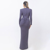 Women Sexy V-Neck Gathered Lace-Up Long-Sleeved Bodycon Maxi Dress