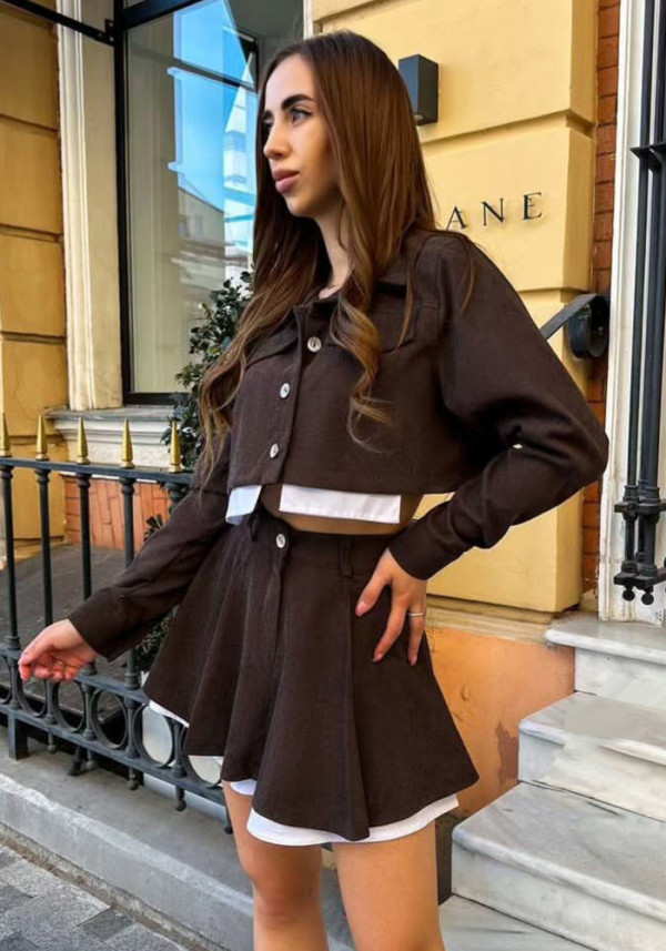 Women Long-Sleeved Colorblock Shirt and Skirt Two-Piece Set