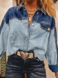 Women Colorblock Long-Sleeved Patchwork Denim Jacket
