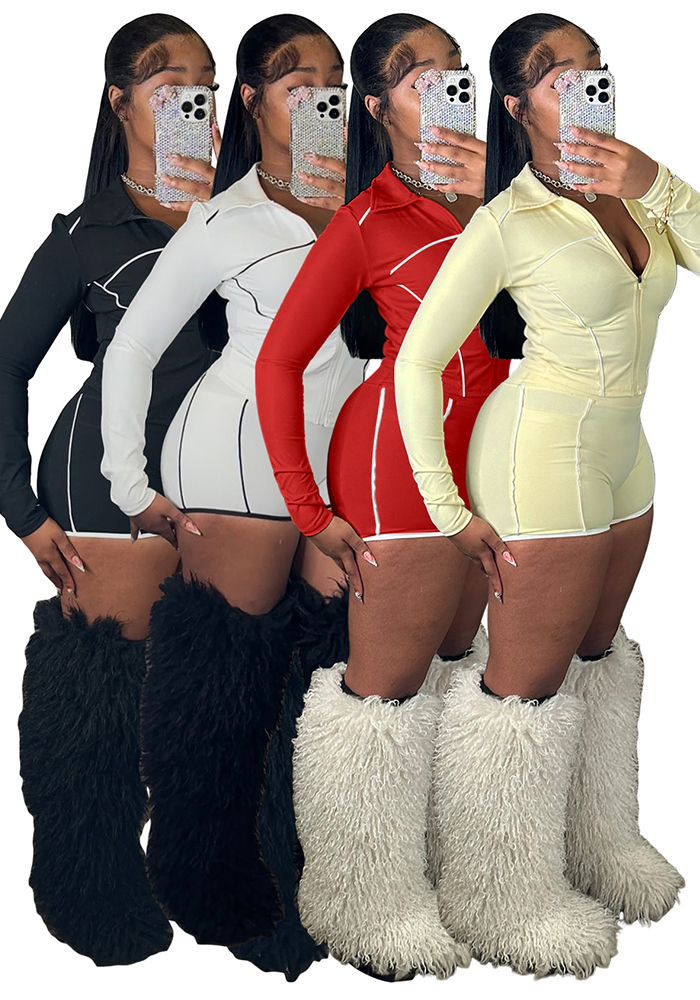 Women Zippered Long-Sleeved Thumb-Click Athletic Two-Piece Top and Shorts