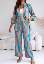 Women Printed Contrast Striped Top and Wide-Leg Trousers Two-Piece Set Women Printed Contrast Striped Top and Wide-Leg Trousers Two-Piece Set