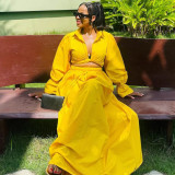 Women Sexy Two-Piece Solid Turndown Collar Bell Bottom Sleeve Shirt and Skirt Two-Piece Set