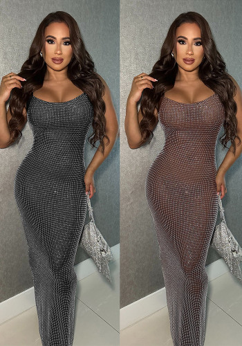 Women Sexy Mesh Beaded Backless Dress