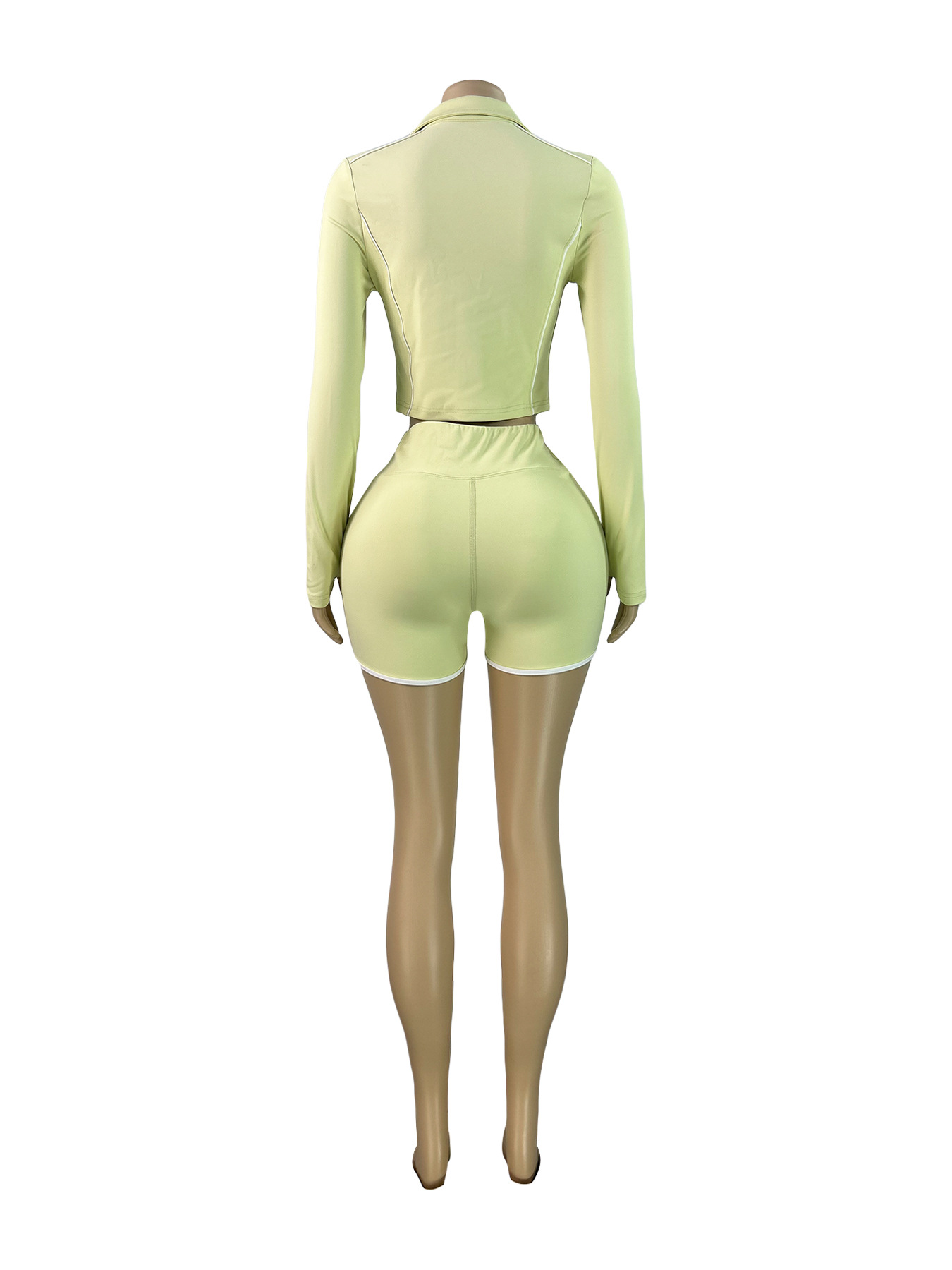 Women Zippered Long-Sleeved Thumb-Click Athletic Two-Piece Top and Shorts
