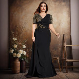 Plus Size Women Sequin Embroidered Patchwork V-Neck Short-Sleeve Elegant Evening Dress