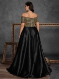 Plus Size Women Sequin Embroidered Contrast Color Off-Shoulder Short-Sleeve Elegant Evening Dress