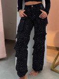 Women Casual Cargo Denim Pant with Diamond Pockets