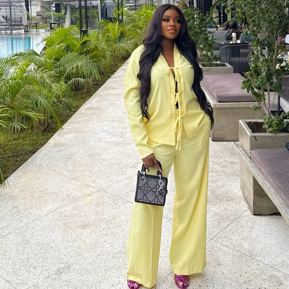 Women Casual Solid Pleated Bow Top and Solid Pant Two-Piece Set