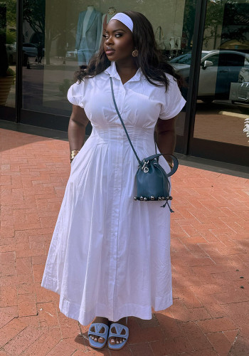 Plus-Size African Women Solid Turndown Collar Short Sleeve Maxi Dress