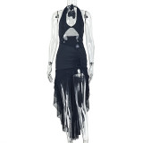 Women Pleated Floral Irregular V-Neck Sleeveless Backless Bodycon Dress