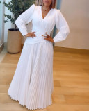 Women Solid V-Neck Puff Sleeve Pleated Button Patchwork Casual Dress