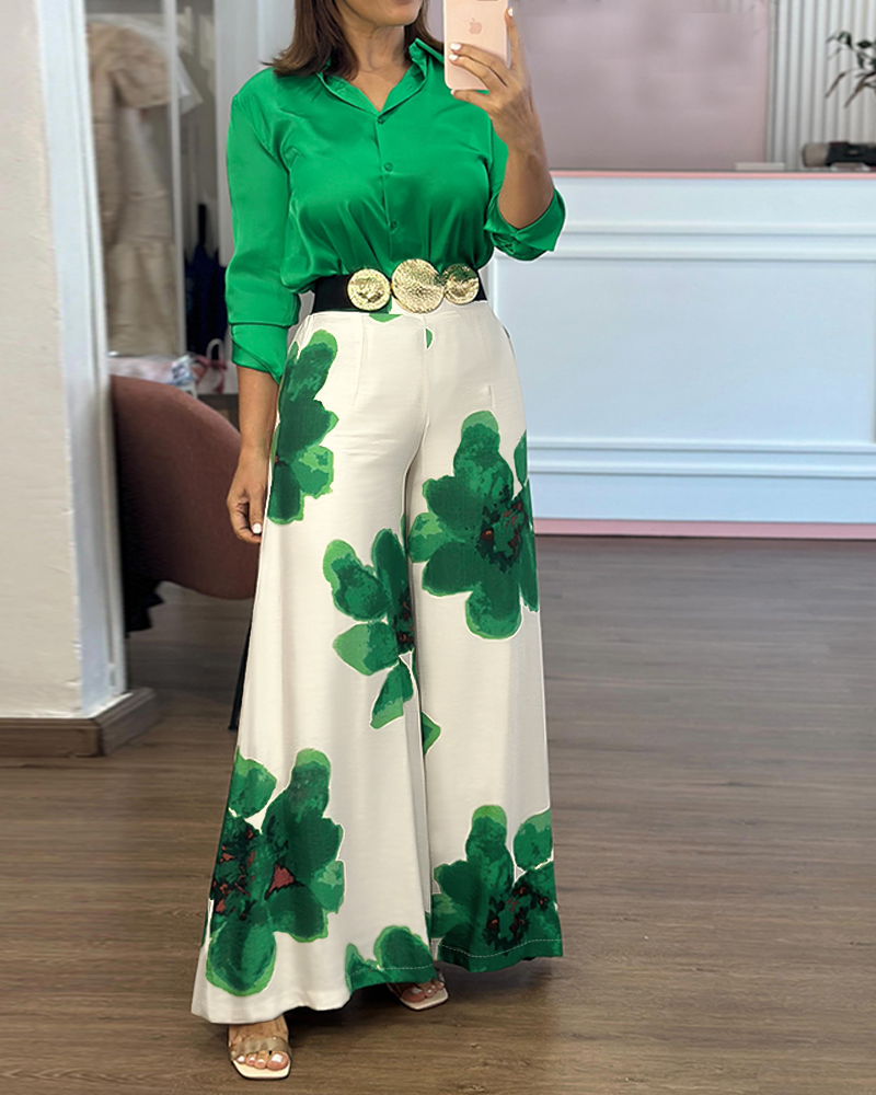 Women Long-Sleeved Shirt and Floral Wide-Leg Bell Bottom Pant Two-Piece Set (No Belt)
