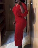 Women Red Velvet Beaded Lantern-Sleeved V-Neck Maxi Dress